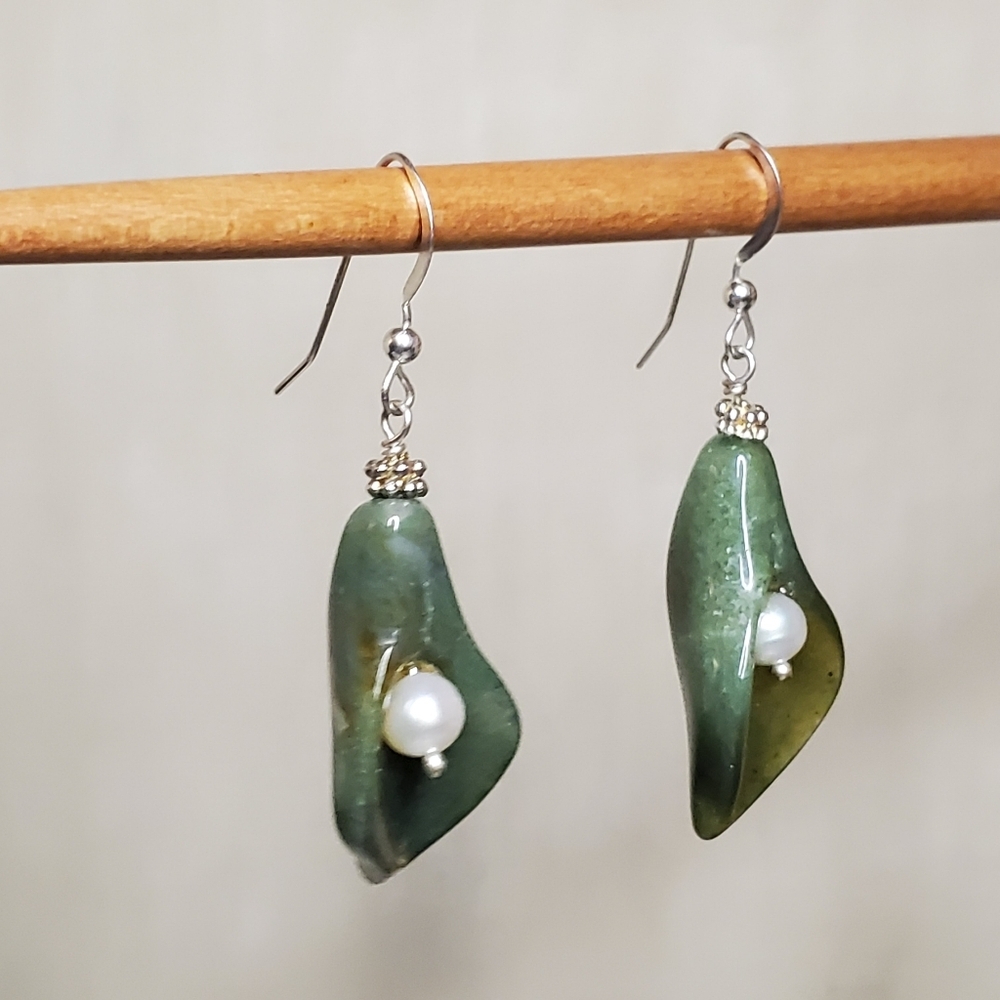 Hand Carved Jade Lily Drop Earrings